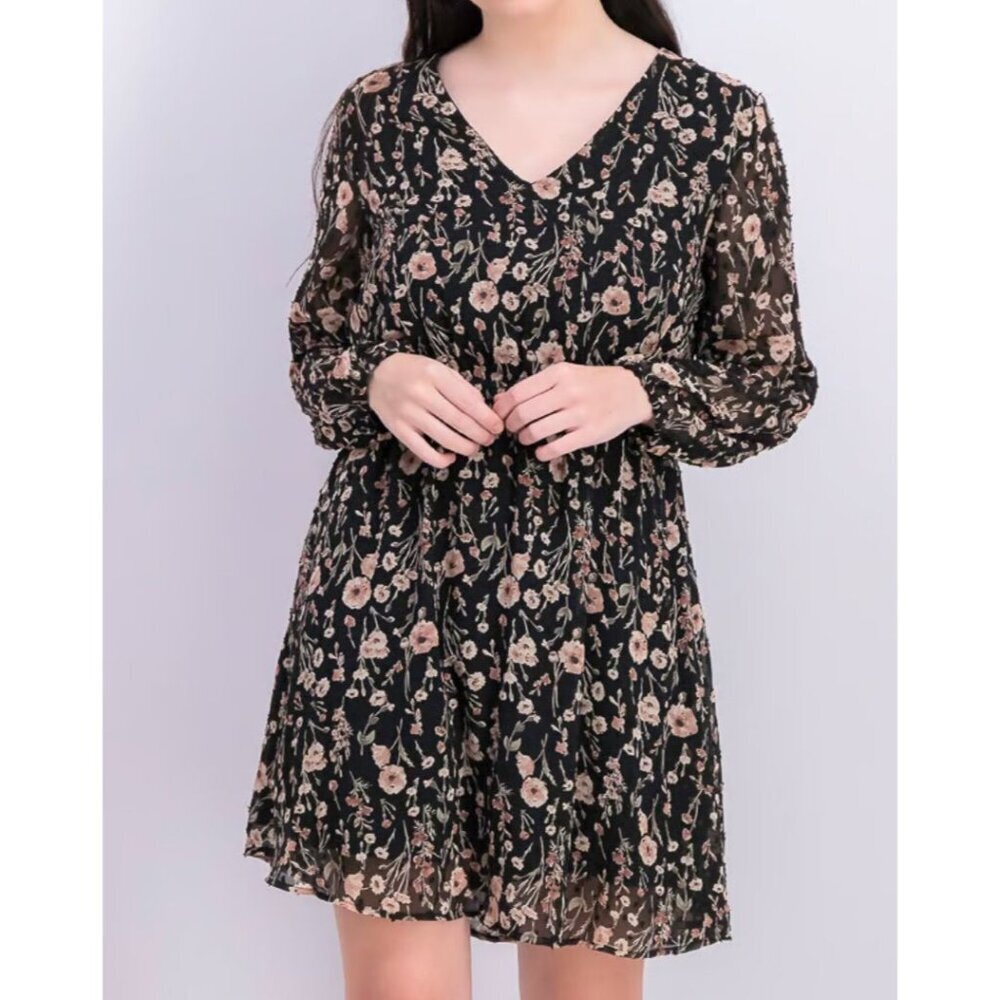 Collective‎ Concepts Black Floral Mini Dress Long Sheer Sleeves Size XS